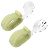 MUSISALY Kleinkind Besteckset mit Gebogenem Löffel und Gabel Kurzgriff aus Freiem Silikon Selbstständiges Essen Fördern Leicht Tragbar für Babys und Kleinkinder