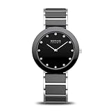 BERING Damen Quarz Uhr | Armbanduhr 35 mm silbernes Edelstahlgehäuse und schwarzes Zifferblatt | Edelstahlband mit Keramikelementen | 3 ATM | 11435-749