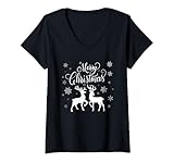 Damen Merry Christmas. XMas Hirsch, Reh. Verliebt. Schneeflocken T-Shirt mit V-Ausschnitt
