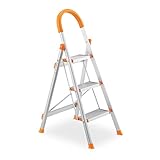 Relaxdays Trittleiter, 3 Stufen, klappbare Haushaltsleiter, Alu, bis 150 kg, Sicherheitsleiter mit Griff, Silber/orange