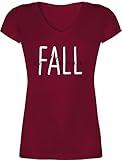 T-Shirt Damen V Ausschnitt - Halloween - Fall in The Air | Herbst liegt in der Luft | Herbstmotiv | Herbststimmung | Herbstliche Atmosphäre - S - Bordeauxrot - halooween Costum Tshirt hallooween