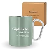 Gipfelgaudi Edelstahl Tasse mit Karabinergriff & Gravur – 220 ml | Outdoor Becher zum Anklipsen | Robust, leicht & perfekt für Gipfelliebhaber