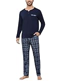Bresdk Schlafanzug Herren Pyjama Set Lang Baumwolle Winter Nachtwäsche Männer Blau XL