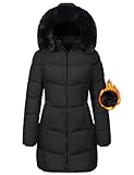 Tuopuda Winterjacke Damen Lang Wintermäntel Damen Warm Winter Slim Fit Jacke Mantel Fleece Gefüttert Daunenmantel Parka Steppmantel Winterparka Outdoorjacke mit Kapuze Übergangsjacke, Schwarz, XL