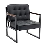 COLAMY Mid Century Modern ohrensessel, Bequeme Lounge Sessel, Brauner Leder Accent Chair, Kunstleder Empfangssessel mit Metallbeinen für Wohnzimmer Schlafzimmer Empfangsraum Wartezimmer, Schwarz