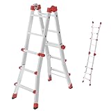 Hailo M80 Alu-Multifunktionsleiter - Schiebeleiter 4 x 3 Sprossen belastbar bis 150 kg - Sicherheitsgelenke und Rastgriffe - sprossenweise höhenverstellbar - Mehrzweckleiter rostfrei - Silber