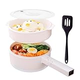 Elektrischer Hot Pot 1.5L mit Dämpfern, Elektrische Pfannen für Braten/Ramen/Fondue/Suppe, geeignet für Wohnheim/Camping/Haus, Keramische Antihaftbeschichtung, Duale Leistungsregelung, Hell-Beige