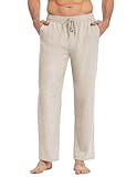 COOFANDY Herren Hosen mit Kordelzug Leinenhose Leichte Sommerhose Freizeithose Elastische Taille Schlupfhose Strandhosen Stoffhose mit Taschen Herrenhose Lang Beige L