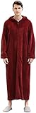 Cuiynice Flauschiger Bademantel mit Kapuze, Warmer Hausmantel, Leichter Morgenmantel mit Reißverschluss vorne und Taschen, Unisex, Herren/Damen (Rot M)