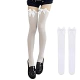 Kniestrümpfe Damen Weiß Paar, Bow Overknees Strümpfe Damen Weiß, Lolita Undurchsichtig Overknee Socks, Hohe Socken damen, Sexy Thigh High Socks Weiße Kniestrümpfe Schleifenstrümpfe Strümpfen