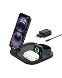 Belkin BoostCharge Ladegerät induktive 3-in-1 Ladestation Qi2, 15 W, klappbar MagSafe-kompatibles Ständer für Apple iPhone 17, Air, Pixelsnap, Apple Watch, AirPods, mit Netzteil – Schwarz