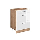 Vicco Küchenunterschrank R-Line, Weiß Hochglanz/Goldkraft Eiche, 60 cm mit Schubladen, ohne Arbeitsplatte