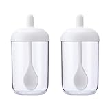 DIYEAH 2 Stück Gewürzglas aus Kunststoff Weiß mit Deckel und Löffel Küchen Gewürzbehälter für Salz Zucker Platzsparender Küchenorganizer