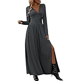 Damen Spitze Kleid Langarm V-Ausschnitt Maxi Elegant Wickel Hoher Bund Plissiert Seitenschlitz A-Linie