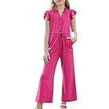 GRACE KARIN Mädchen Causal Jumpsuits mit Flügelärmel Sommer V-Neck Overalls Rosarot 10 Jahre