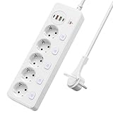 Steckdosenleiste 5 Fach Einzeln Schaltbar, Mehrfachsteckdose mit 2 USB A & 2 USB C, Verteilersteckdose 5 Fach mit Schalter, Steckdosenleiste Wandmontage mit 2M Verlängerungskabel, PD 20W - Weiß