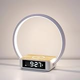 WILIT LED Nachttischlampe mit Ladefunktion, Lichtwecker Wecker mit Uhr, Nachttischlampen Touch Dimmer Schlafzimmer mit 3 Helligkeitsstufen, 10W Wireless Charger, Holz