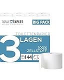Tissue Expert Toilettenpapier, 3-lagig, 144 Rollen x 250 Blatt, 100% Zellstoff, superweiches Klopapier, Großpackung für Gewerbe, WC Papier, Verpackung aus 60% PCR-Anteil (144 Rollen)
