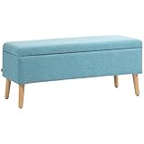 HOMCOM Sitzbank Polsterbank mit Stauraum Bettbank mit Leinenoptik für Flur Schlafzimmer Wohnzimmer Gummiholz Blau 110 x 39 x 45 cm