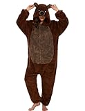 Einteiliger Schlafanzug Damen Lang Winter Einteiler Tierkostüm Erwachsene Kostüm Jumpsuit Damen Kuschelig Pyjama Fleece Onesie Kleidung Mit Kapuze und Reißverschluss (Braunbär-7126, XXL)
