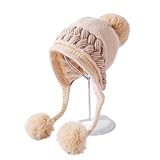 Suncadmious Frauen Winter Peruanische Abdeckung Ohren Beanie Hut Ohrenklappen Sherpa Ski Schnee Mützen Stricken Fleece gefüttert 3 Pom Pom (Beige,56-58cm)