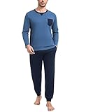 Marvmys Herren Schlafanzug Lang Baumwolle Winter Pyjama Set Schlafanzüge Männer Langarm Shirt mit Brusttasche Pyjamahose mit Tasche und Bündchen Blau S
