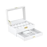 Uhrenbox aus Leder mit 12 Fächern, mit Schublade Luxus-Uhrenkasten, Präsentations-Organizer Uhrenkasten Uhrenkoffer Schmuckkasten mit Glasanzeige Oberseite für Uhren,Ringe,Armbänder (Weiß-W79W)