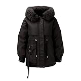 AQ899 Damenjacke Winter Damen Mantel Elegant Damen-Winterparka-Mäntel, weiche -gefütterte mit Kordelzug und Kapuze mit Kunstbesatz Winterparka Damen Schwarze Winterjacke Damen (Black, M)