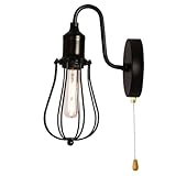 LOGT Vintage Industrieller Wandleuchte mit Schalter Retro Wandlampe Innen Antik Metall Käfig Wandbeleuchtung mit Zugschalter Schwarz Lampenschirm Nachttischlampen Landhausstil Deko Licht Wand