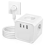 3 Fach Würfel Steckdosenleiste, AOUOO Cube 𝗙𝗹𝗮𝗰𝗵𝘀𝘁𝗲𝗰𝗸𝗲𝗿 Steckdosenadapter mit 2M Kabel, 7 in 1 Mehrfachstecker Power Cube mit Schalter(2 USB/1 Type-c), 3680W/16A für Büro, Hause, Weiß