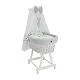 Wiklinopol Moseskorb mit Baldachin Lena – Baby-Stubenwagen aus Weide mit Gestell – Babykorb in Weiß, Komplettset mit 5-TLG. Waffel-Bettwäsche Igel & Freunde Grau – Mit Rollen, Tragbar, Sicher