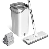 Masthome Wischmopp Set mit Eimer,2 in 1 Putzeimer mit Wischmop, Bodenwischer Set mit Einstellbar Edelstahlgriff und 5 Mikrofaser Moppkopf, Hand-Frei Wischmop mit Auswringfunktion für Alle Böden,Weiß