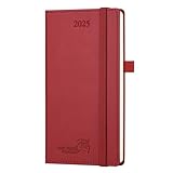POPRUN Taschenkalender 2025 Klein 16,5 x 9 cm (Jan.2025-Dez.2025) - Kalender 2025 Klein mit PU-Leder - Terminplaner, Planer 1 Woche 2 Seite mit Stiftschlaufe - Burgunderrot