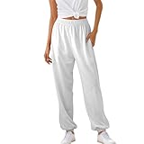 Jogginghose Damen Lang Baumwolle Sporthose Gummibund Stoffhose mit Taschen Lange Sport Cargohose High Waist Trainingshose Loose Fit Freizeithose Bequeme Lockere Sweathose