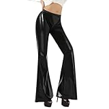 Glänzende metallische Schlaghose für Damen, hohe Taille, dehnbarer Boden, weites Bein, Hose, 3 x Workout-Hosen für Frauen, Schwarz , L