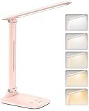 BICKON Dimmbar LED Schreibtischlampe, Timer Tischlampe 5 Beleuchtungsfarbe Modi, 15-100% Stufenlosem Dimmen Berührbare Tischlampe mit USB-Ladeanschluss Leselampe für Kinder Lernen Büro Arbeit Studium
