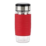 Emsa N20804 Tea Mug Teebecher aus doppelwandigem Glas | 0,4 Liter | herausnehmbares Sieb | BPA-Frei | 100% dicht | auslaufsicher | spülmaschinengeeignet | 360°-Trinköffnung | Rot
