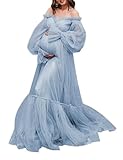 Umstandskleid aus Tüll für Fotografie, Puffy, langärmelig, schulterfrei, Brautkleid, Babyparty, Umstandskleid MAHL019, dusty blue, 48