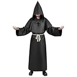 Aomig Mönch Robe Prister Gewand Männer, Mönchskutte Mittelalter Cape, Klassisches Mittelalterkostüm Hooded Renaissance Priester Robe Weihnachtsfeier Halloween Karneval Cosplay Kostüm (XL, Schwarz)