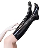 Schwarze Latex Strümpfe für Frauen, Naturkautschuk Latex Oberschenkel Hohe Strümpfe mit Zehen Cosplay Kostüm Party Clubwear (Latex, Schwarz,XL)