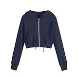 Damen-Mäntel, modische Hoodies für Damen, lässig, Streetwear, locker, leicht, einfarbig, bauchfreies Oberteil, mit Kapuze am Hals, langärmelig, Reißverschlusstaschen, Damenpullover, 7 x Dunkelblau, 8