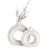 Sawoake Weiße Donut Keramik Vase Satz von 2 für Moderne Home Decor, Runde Matte Vasen für Pampasgras, Neutral Boho Nordic Minimalismus Stil Blumenvasen（Groß+klein）