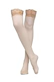 Klassische matte Damen Selbsttragende Strümpfe mit Spitzenbesatz 40 DEN, BLAUT, M