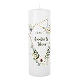Herz & Heim® Elegante Hochzeits-Kerze mit Namen und Datum sowie Wunschtext für den schönsten Tag im Leben