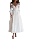 Beyonddress Frauen Spitze Brautkleider für Braut Teelänge Hochzeitskleider mit Ärmel Applique Tüll Brautkleider Langarm Brautmode,Elfenbein 02,DE38