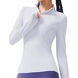 Lancry Langärmeliges Fitness-Top für Damen, 1/4-Reißverschluss, Fitnesskleidung für Damen, langärmeliges Laufshirt mit Daumenlöchern, Fitnessjacken für Damen, definieren Laufjacken, weiß, L