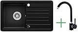 Rein Schwarz LINDBERGH® Granit Spüle mit Armatur 'VEL44 + 1-Galo' + Siphon Einbauspüle Küchenspüle Spülbecken + DREHEXCENTER - Verbundstoffe MADE IN GERMANY (4. Spüle VEL44 + Armatur 1-Galo)