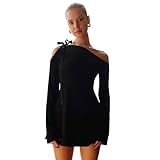 Damen Cocktailkleid Schulterfrei Sexy Langarm Partykleid Wickelkleid Bodycon Mini Kleid Abendkleider Einfarbig Festliche Elegant T Shirt Kleid