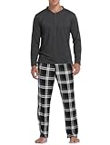 Vlazom Herren Pyjama Set Lang Zweiteiliger Schlafanzug Herren Kariert Flanell Hose und einfärbiger T-Shirt(M,Stil B-Dunkelgrau Top+Schwarz Karierte Hose)
