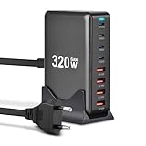 USB Ladestation, 320W GaN Ladegerät multiport 8 Port, USB Charging Station mit GaN III und PD 3.0, Schnellladestation mit 4USB C und 4USB A für MacBook Pro Air, iPad Pro Air, iPhone, Galaxy S23